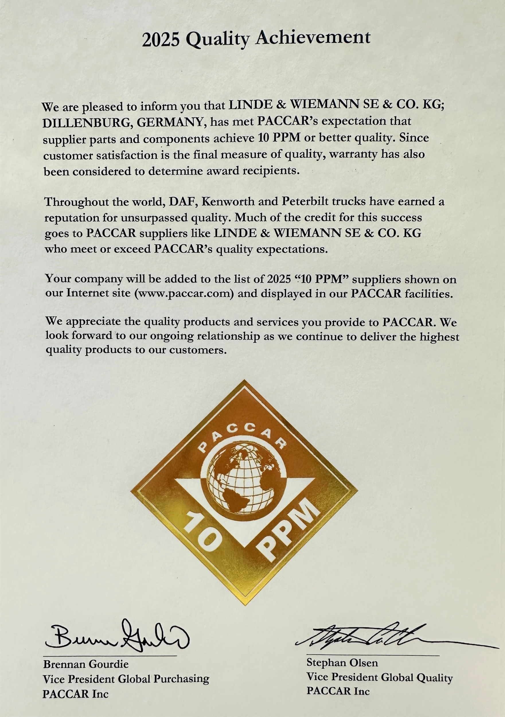DAF – 2025 Quality Achievement